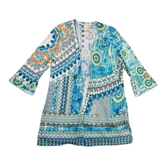 Women’s Cardigan Multicolored Geometric Print Duster CHICO’S Knit Open Front Top - Picture 5 of 7